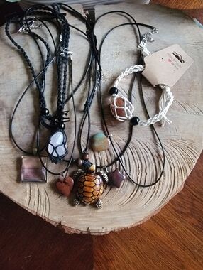 Handcrafted Set Of 7 Boho Turtle & Stone Necklaces, Bracelet.